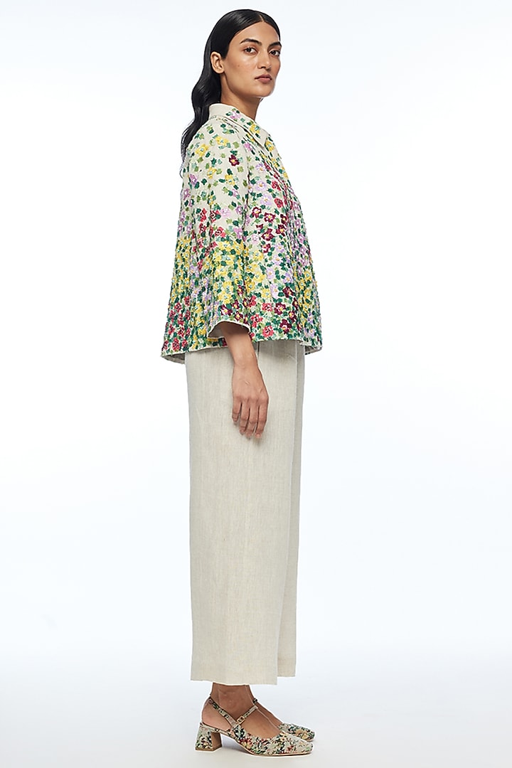 Beige Linen Applique Embroidered A-Line Jacket by Payal Pratap at Pernia's Pop Up Shop