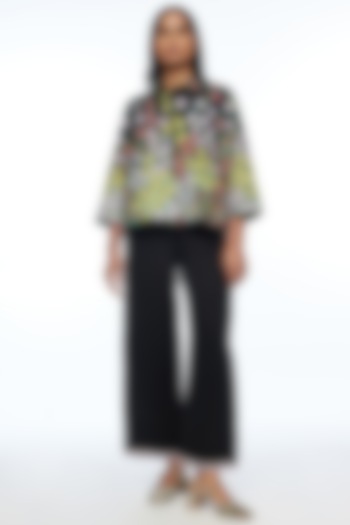 Black Linen Applique Embroidered A-Line Jacket by Payal Pratap at Pernia's Pop Up Shop