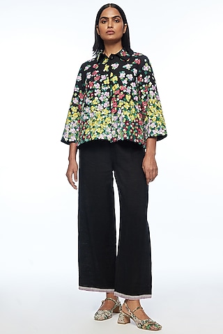 Black Linen Applique Embroidered A-Line Jacket by Payal Pratap