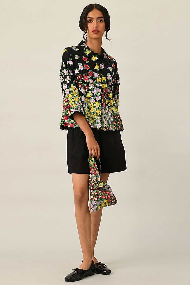 Black Linen Applique Embroidered A-Line Jacket by Payal Pratap at Pernia's Pop Up Shop