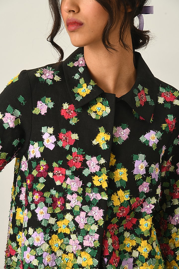 Black Linen Applique Embroidered A-Line Jacket by Payal Pratap at Pernia's Pop Up Shop