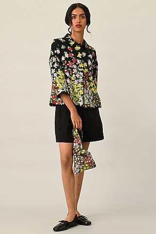 Black Handloom Cotton Shorts by Payal Pratap