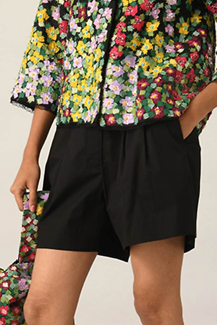 Black Handloom Cotton Shorts by Payal Pratap at Pernia's Pop Up Shop