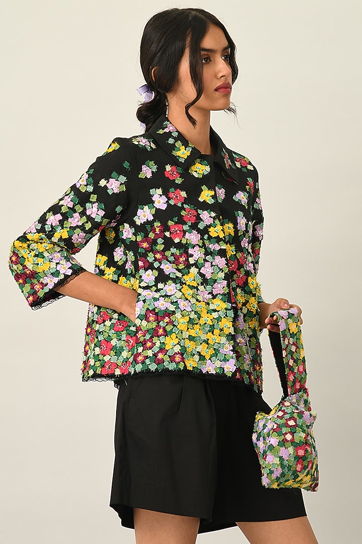 Black Handloom Cotton Shorts by Payal Pratap at Pernia's Pop Up Shop