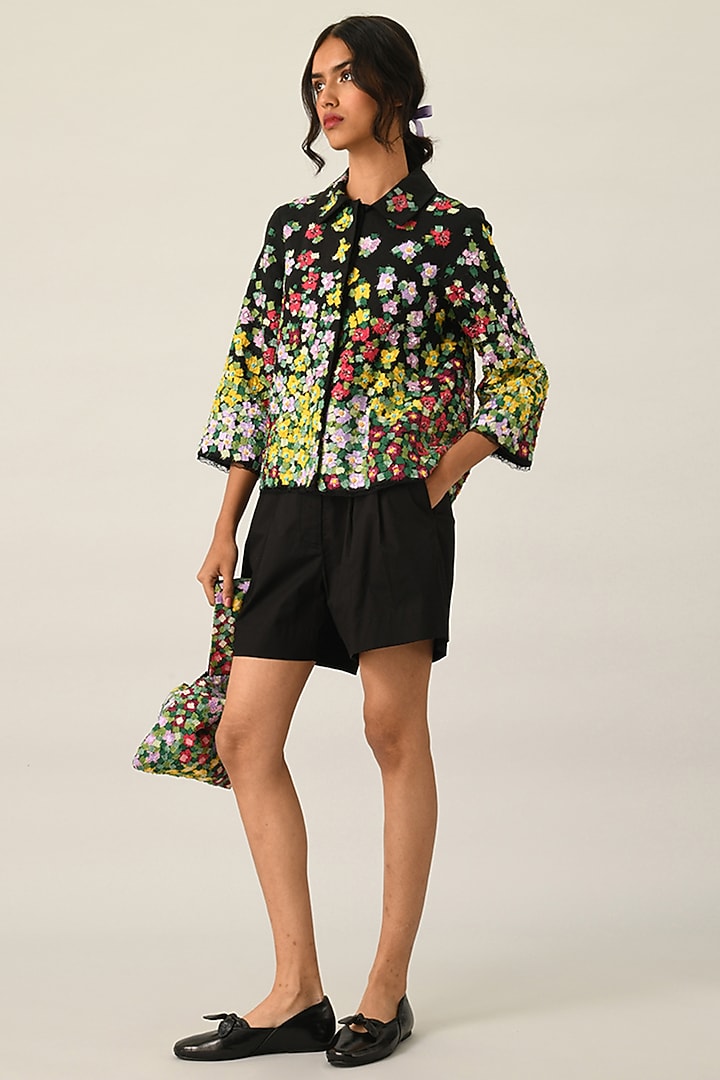 Black Handloom Cotton Shorts by Payal Pratap at Pernia's Pop Up Shop