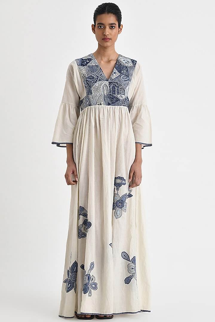 Ivory Handloom Cotton Floral Embroidered Maxi Dress by Payal Pratap at Pernia's Pop Up Shop