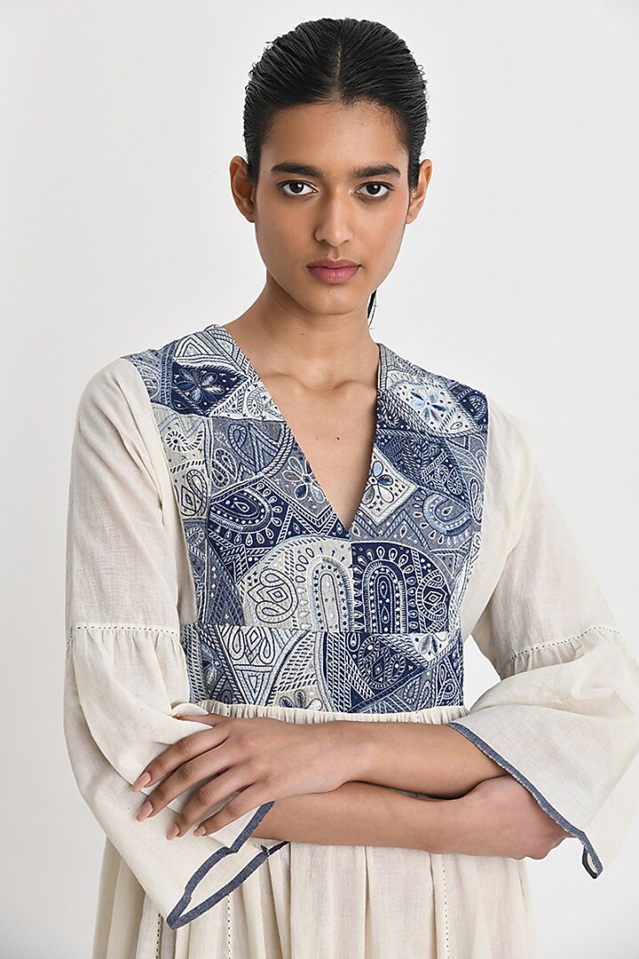 Ivory Handloom Cotton Floral Embroidered Maxi Party Wear Dress by Payal Pratap at Pernia's Pop Up Shop