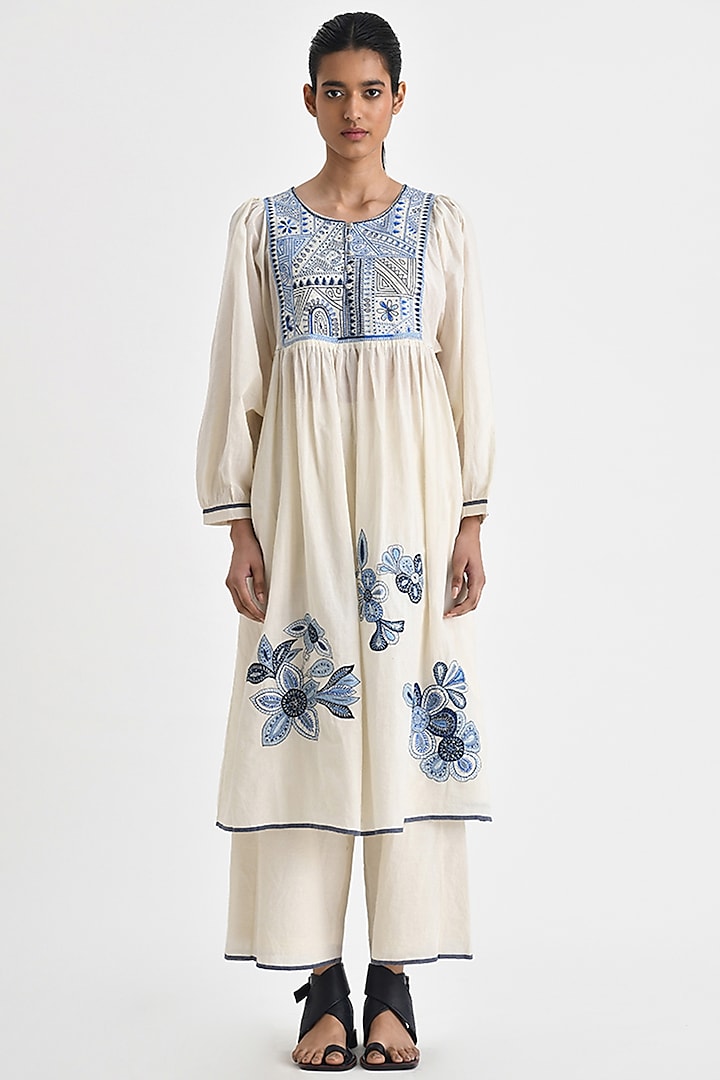 Ivory Handloom Cotton Floral Embroidered Midi Dress by Payal Pratap at Pernia's Pop Up Shop