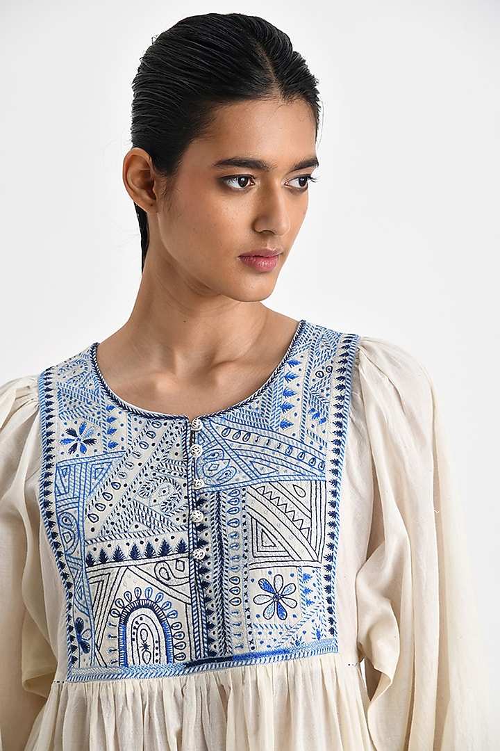 Ivory Handloom Cotton Floral Embroidered Midi Cocktail Dress by Payal Pratap at Pernia's Pop Up Shop