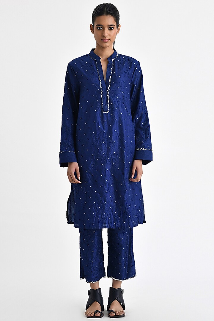 Cobalt Blue Crushed Silk Sequins Short Kurta Set by Payal Pratap at Pernia's Pop Up Shop