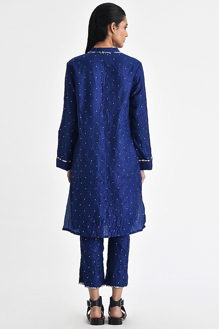 Cobalt Blue Crushed Silk Sequins Short Kurta Set by Payal Pratap at Pernia's Pop Up Shop