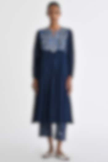 Navy Blue Chanderi Hand Embroidered Pleated Midi Dress by Payal Pratap at Pernia's Pop Up Shop