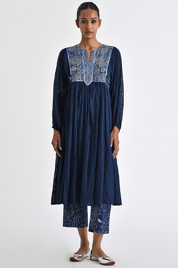 Navy Blue Chanderi Hand Embroidered Pleated Midi Dress by Payal Pratap at Pernia's Pop Up Shop