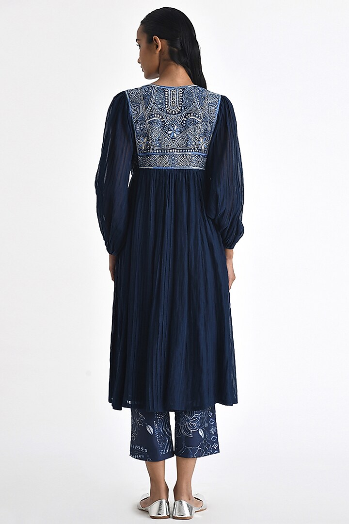 Navy Blue Chanderi Hand Embroidered Pleated Midi Cocktail Dress by Payal Pratap at Pernia's Pop Up Shop