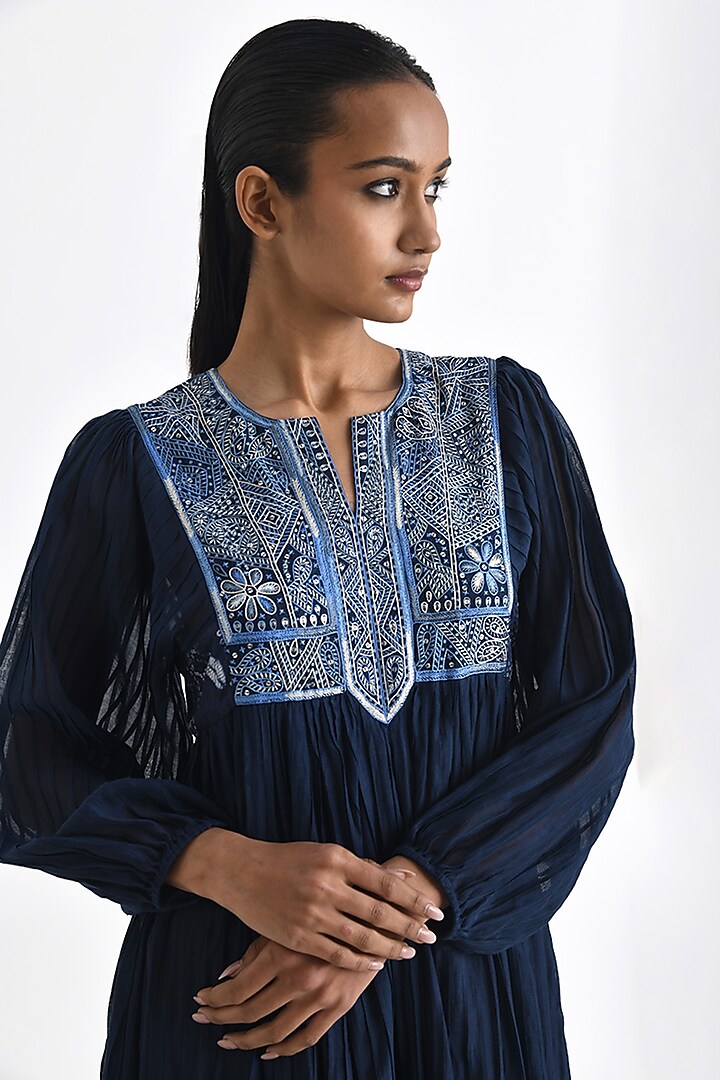 Navy Blue Chanderi Hand Embroidered Pleated Midi Cocktail Dress by Payal Pratap at Pernia's Pop Up Shop