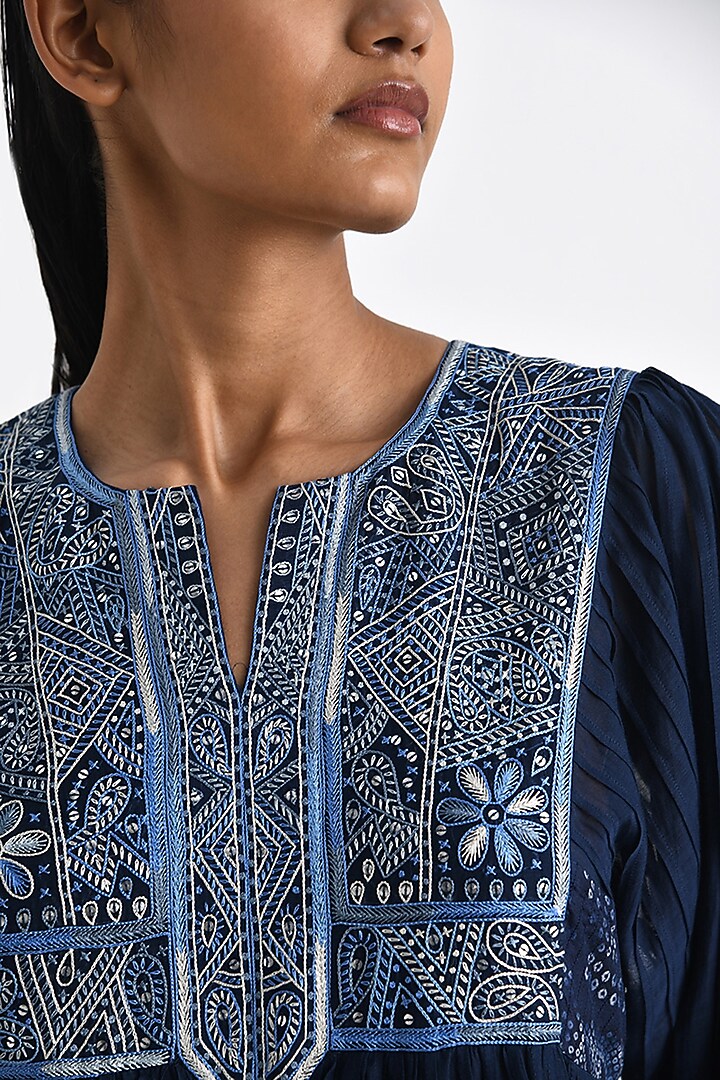 Navy Blue Chanderi Hand Embroidered Pleated Midi Cocktail Dress by Payal Pratap at Pernia's Pop Up Shop