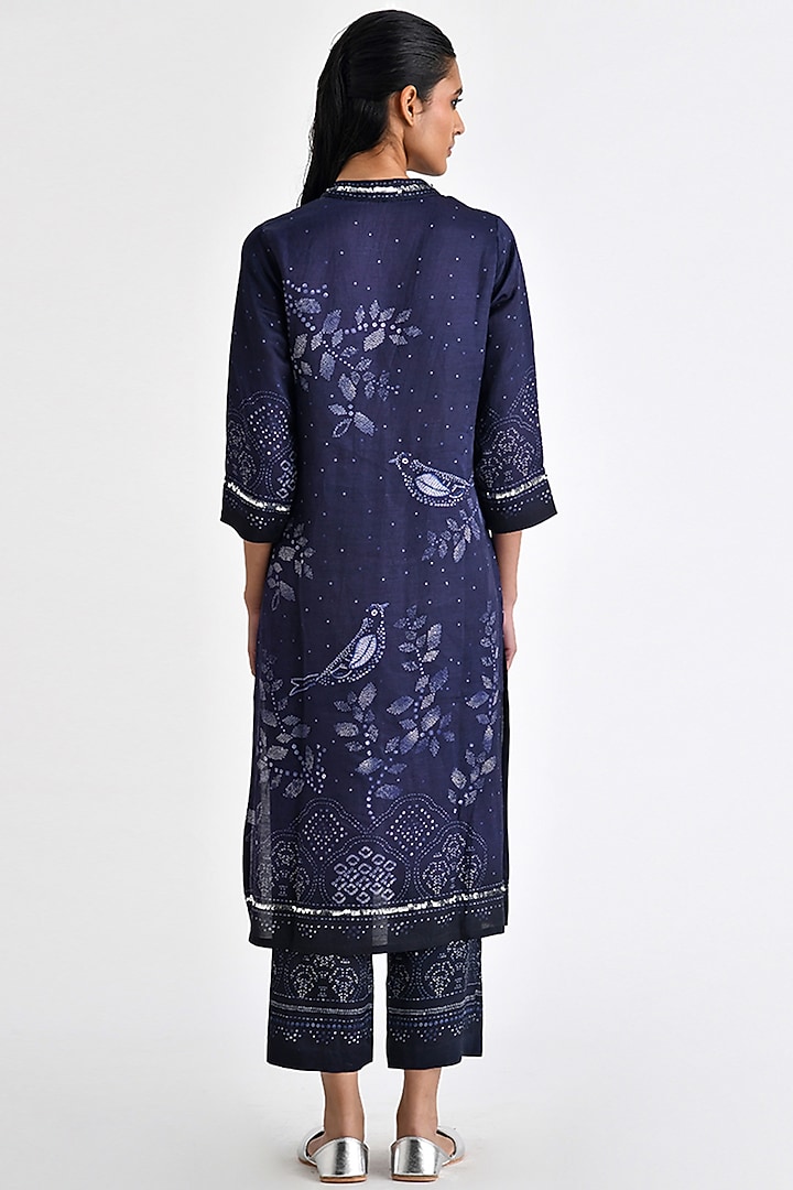 Navy Blue Linen Satin Bandhani Printed Kurta Set by Payal Pratap at Pernia's Pop Up Shop