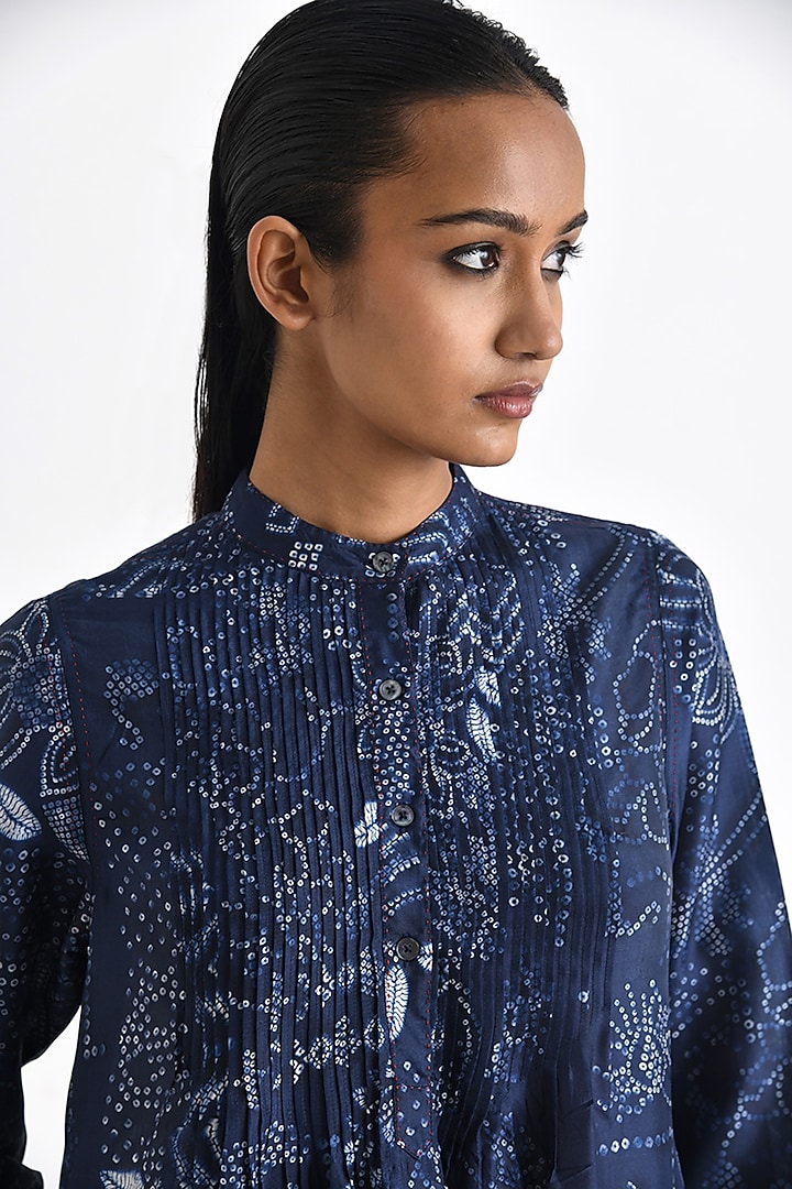 Navy Blue Silk Bandhani Printed Pleated Tunic by Payal Pratap at Pernia's Pop Up Shop