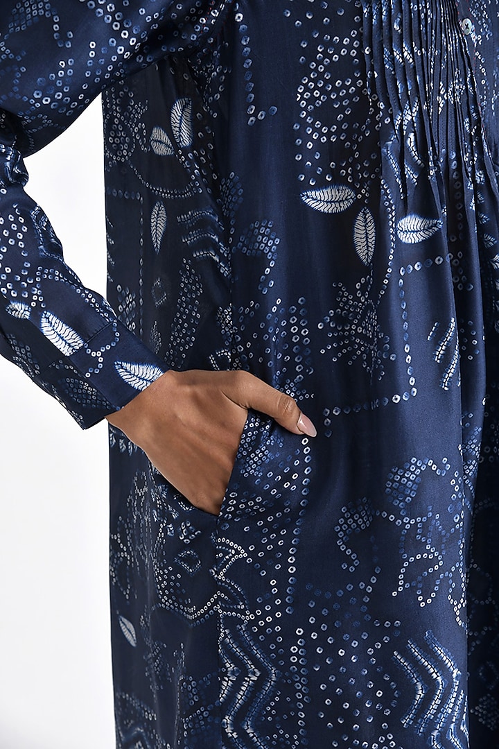 Navy Blue Silk Bandhani Printed Pleated Tunic by Payal Pratap at Pernia's Pop Up Shop