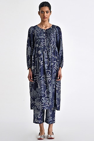 Navy Blue Silk Bandhani Printed Pleated Dress by Payal Pratap