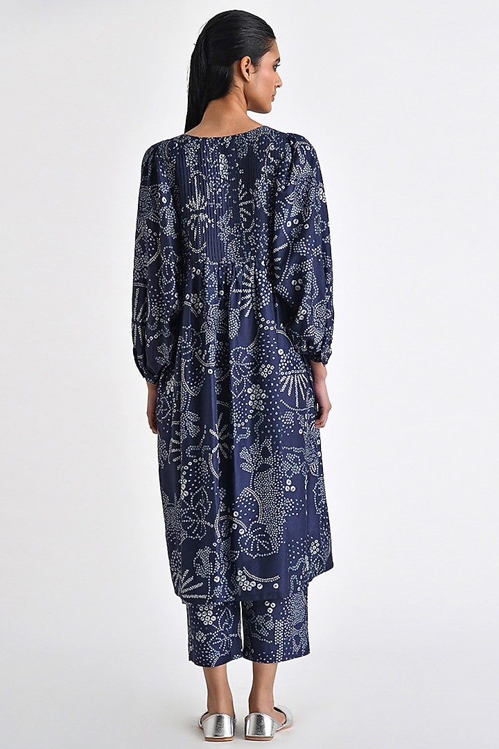 Navy Blue Silk Bandhani Printed Pleated Cocktail Dress by Payal Pratap at Pernia's Pop Up Shop