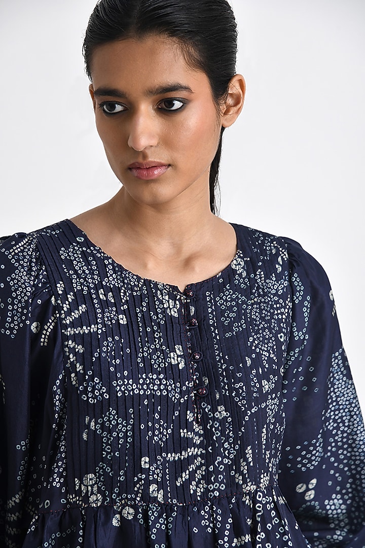 Navy Blue Silk Bandhani Printed Pleated Cocktail Dress by Payal Pratap at Pernia's Pop Up Shop