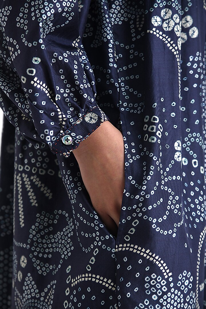Navy Blue Silk Bandhani Printed Pleated Cocktail Dress by Payal Pratap at Pernia's Pop Up Shop