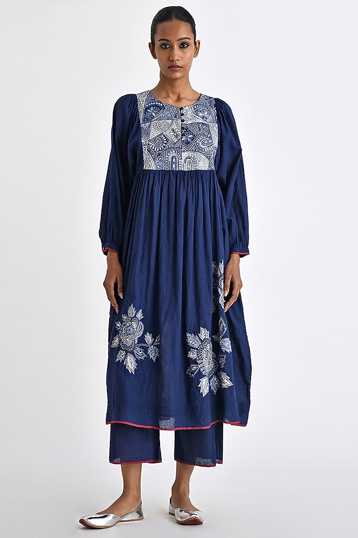 Navy Blue Silk Floral Hand Embroidered Gathered Tunic by Payal Pratap at Pernia's Pop Up Shop