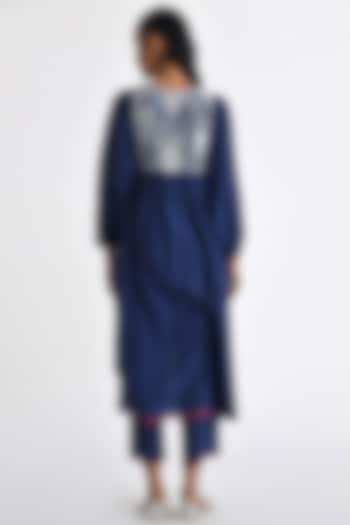 Navy Blue Silk Floral Hand Embroidered Gathered Tunic by Payal Pratap at Pernia's Pop Up Shop