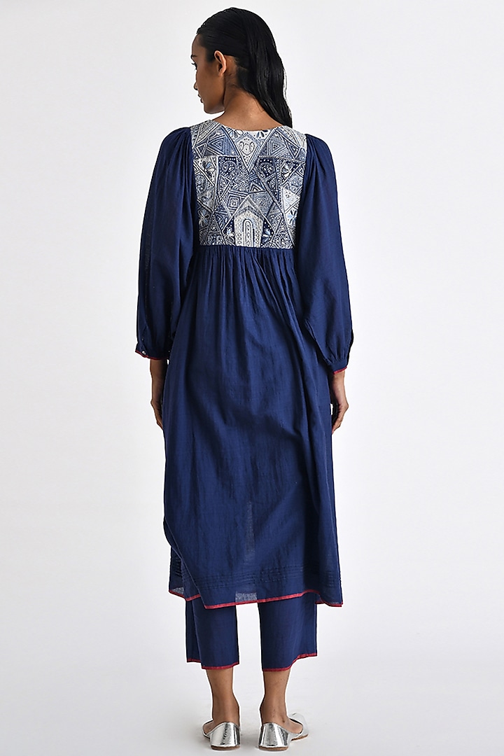 Navy Blue Silk Floral Hand Embroidered Gathered Tunic by Payal Pratap at Pernia's Pop Up Shop