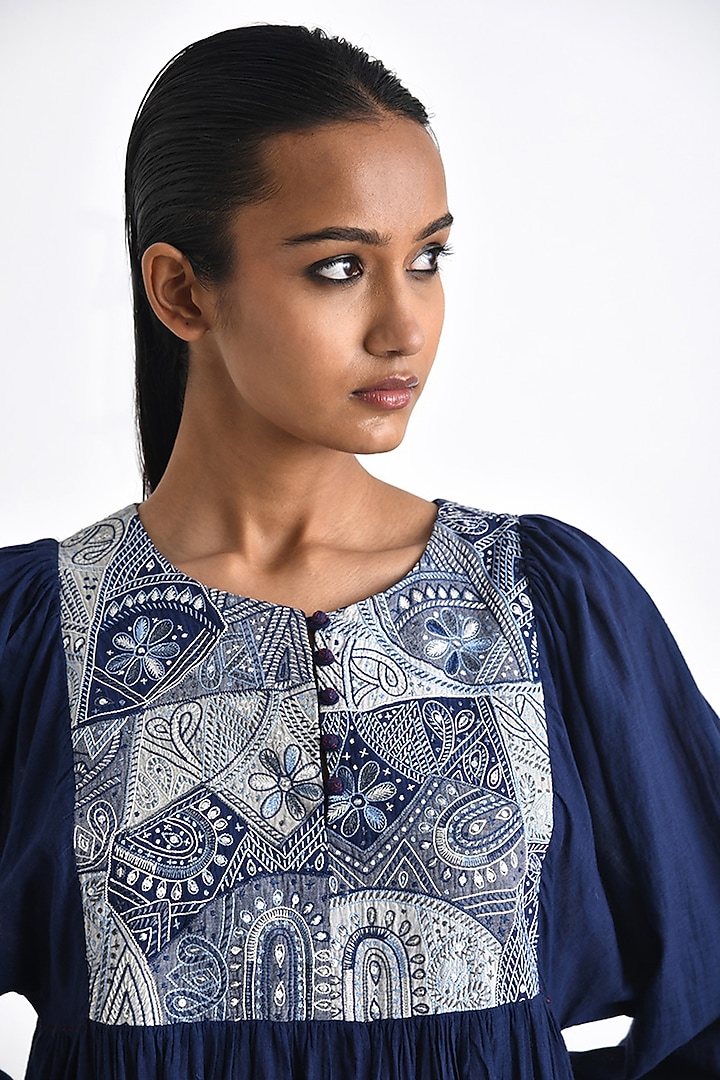 Navy Blue Silk Floral Hand Embroidered Gathered Tunic by Payal Pratap at Pernia's Pop Up Shop