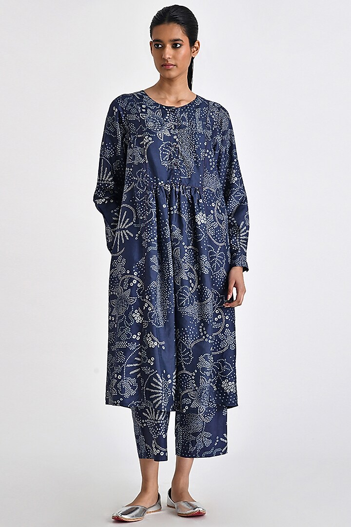 Navy Blue Silk Printed & Sequins Embroidered Tunic by Payal Pratap at Pernia's Pop Up Shop