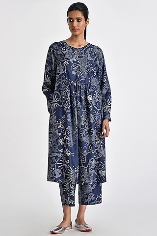 Navy Blue Silk Printed & Sequins Embroidered Tunic by Payal Pratap