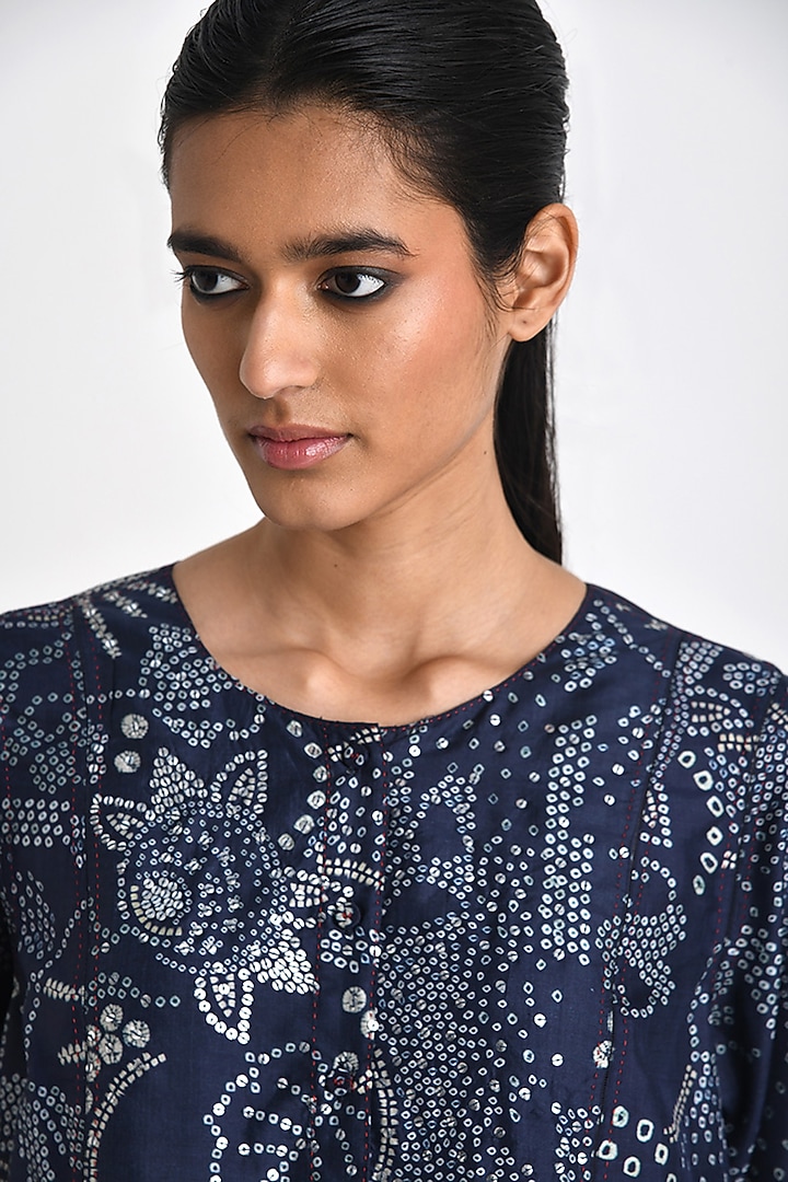 Navy Blue Silk Printed & Sequins Embroidered Tunic by Payal Pratap at Pernia's Pop Up Shop