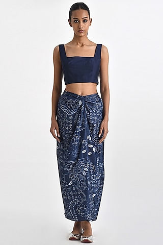 Navy Blue Silk Bandhani Printed Knotted Skirt by Payal Pratap
