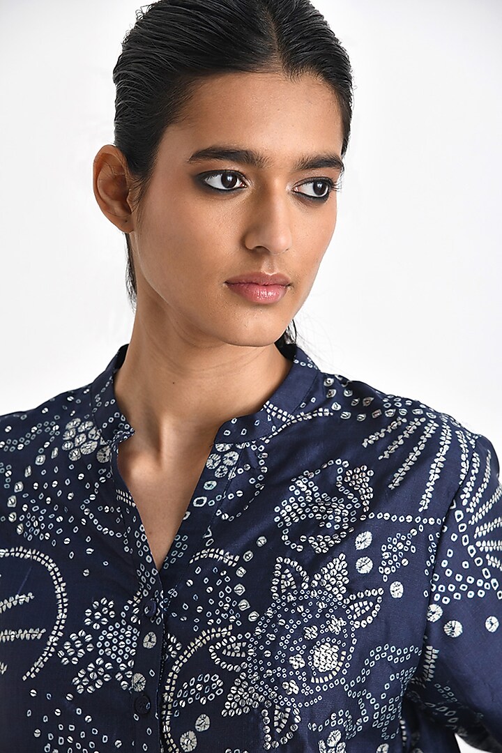 Navy Blue Silk Bandhani Printed Top by Payal Pratap at Pernia's Pop Up Shop