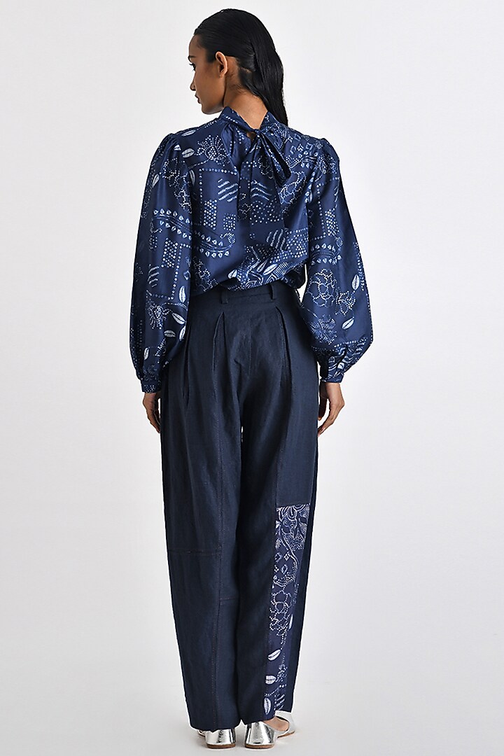 Navy Blue Silk Bandhani Printed Polo Neck Top by Payal Pratap at Pernia's Pop Up Shop