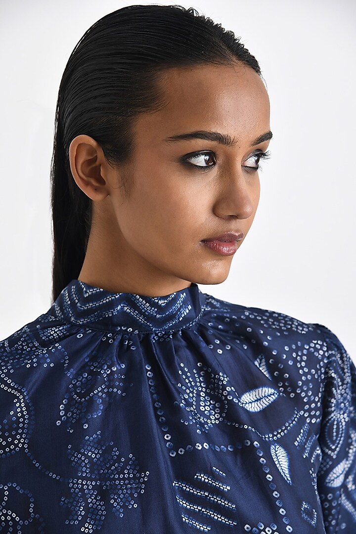 Navy Blue Silk Bandhani Printed Polo Neck Top by Payal Pratap at Pernia's Pop Up Shop