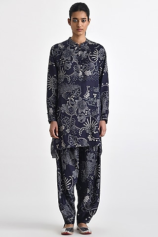 Navy Linen Satin Bandhani Printed High-Low Tunic Set by Payal Pratap