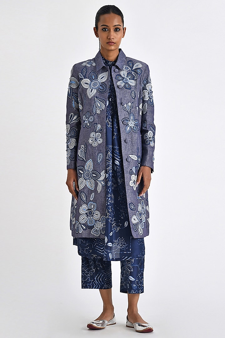 Blue Chambray Linen Floral Patch Work Jacket by Payal Pratap at Pernia's Pop Up Shop