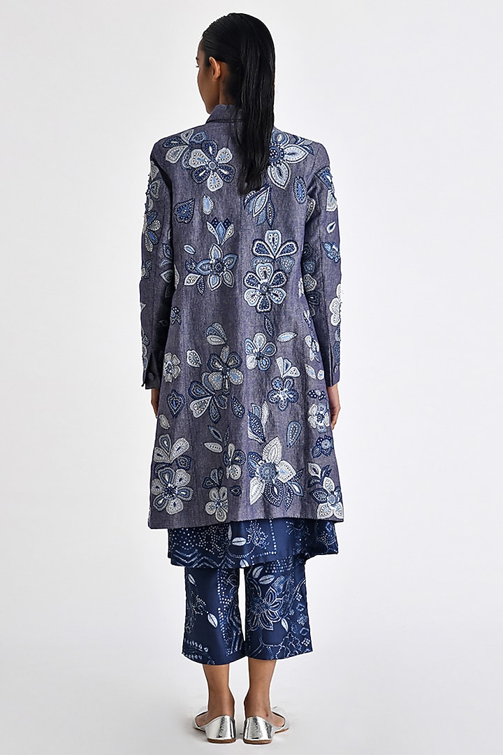 Blue Chambray Linen Floral Patch Work Jacket by Payal Pratap at Pernia's Pop Up Shop