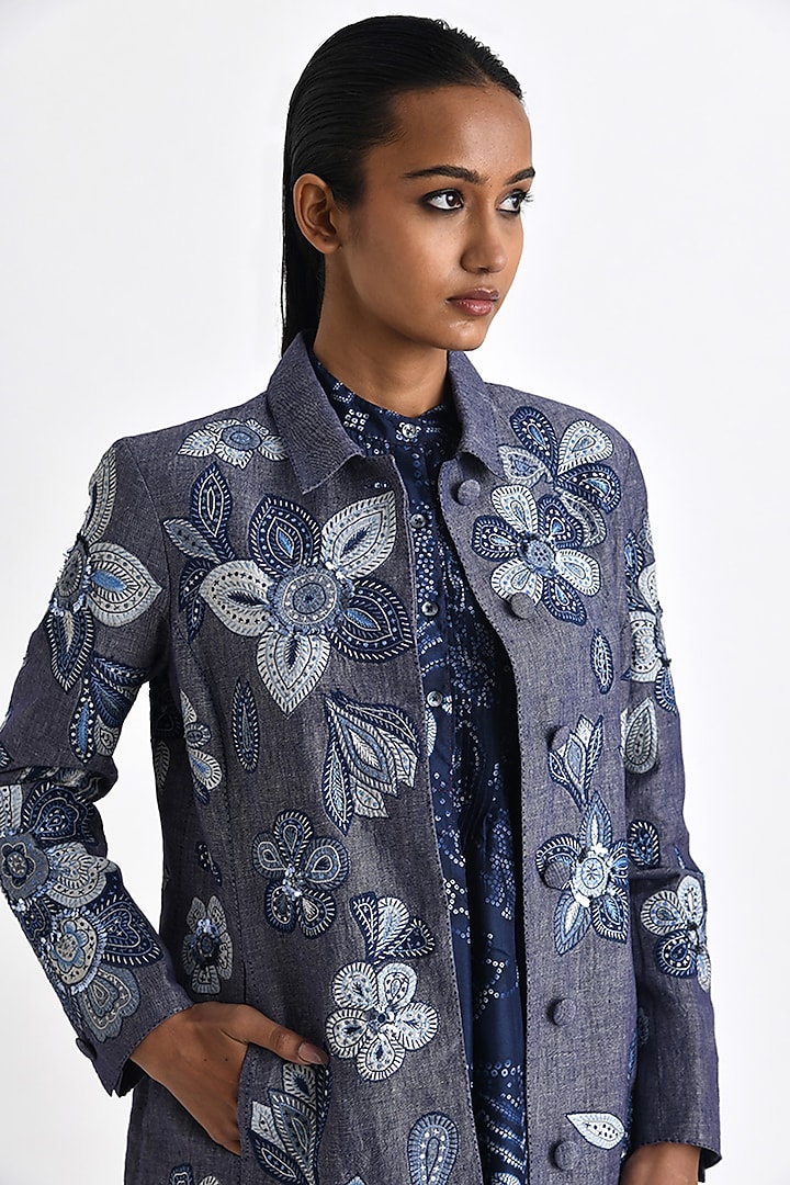 Blue Chambray Linen Floral Patch Work Jacket by Payal Pratap at Pernia's Pop Up Shop