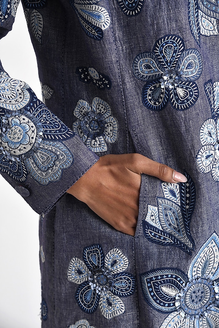 Blue Chambray Linen Floral Patch Work Jacket by Payal Pratap at Pernia's Pop Up Shop