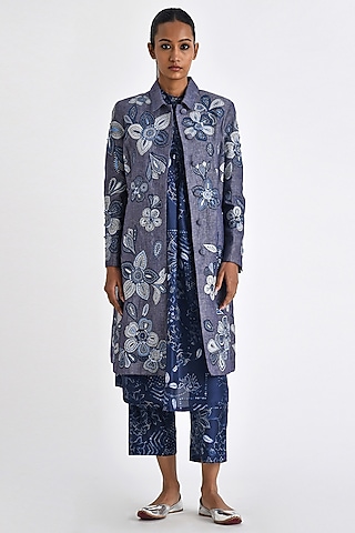 Navy Linen Bandhani Patch Work Baggy Pants by Payal Pratap