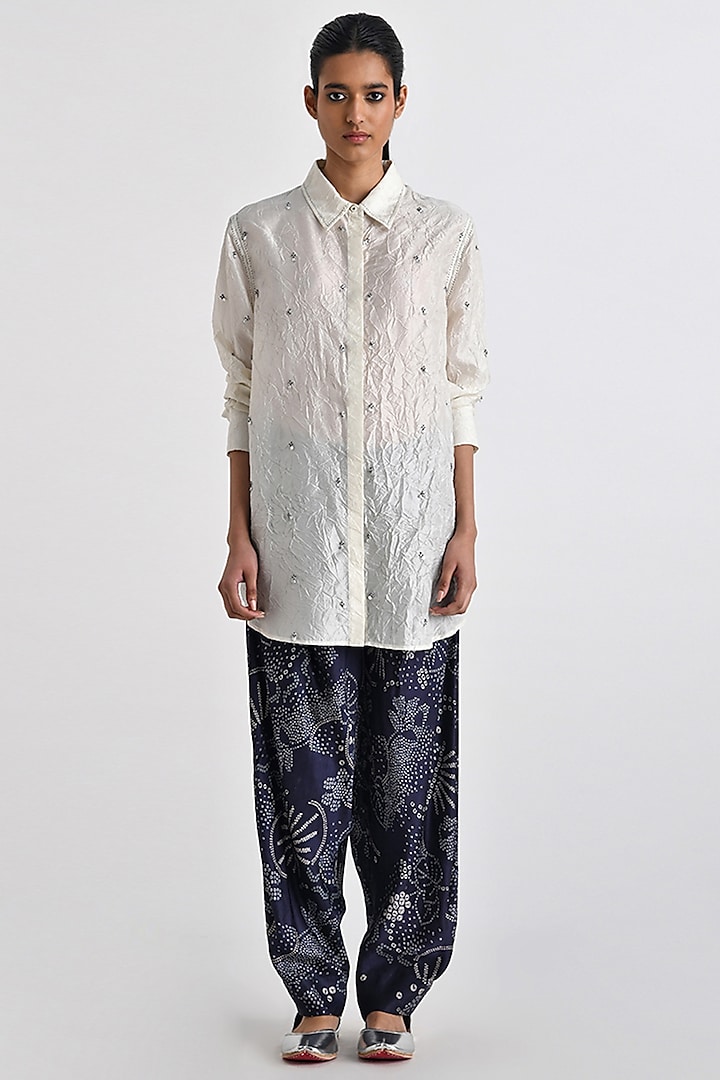 Ivory Crushed Silk Sequins Embroidered Oversized Shirt by Payal Pratap at Pernia's Pop Up Shop