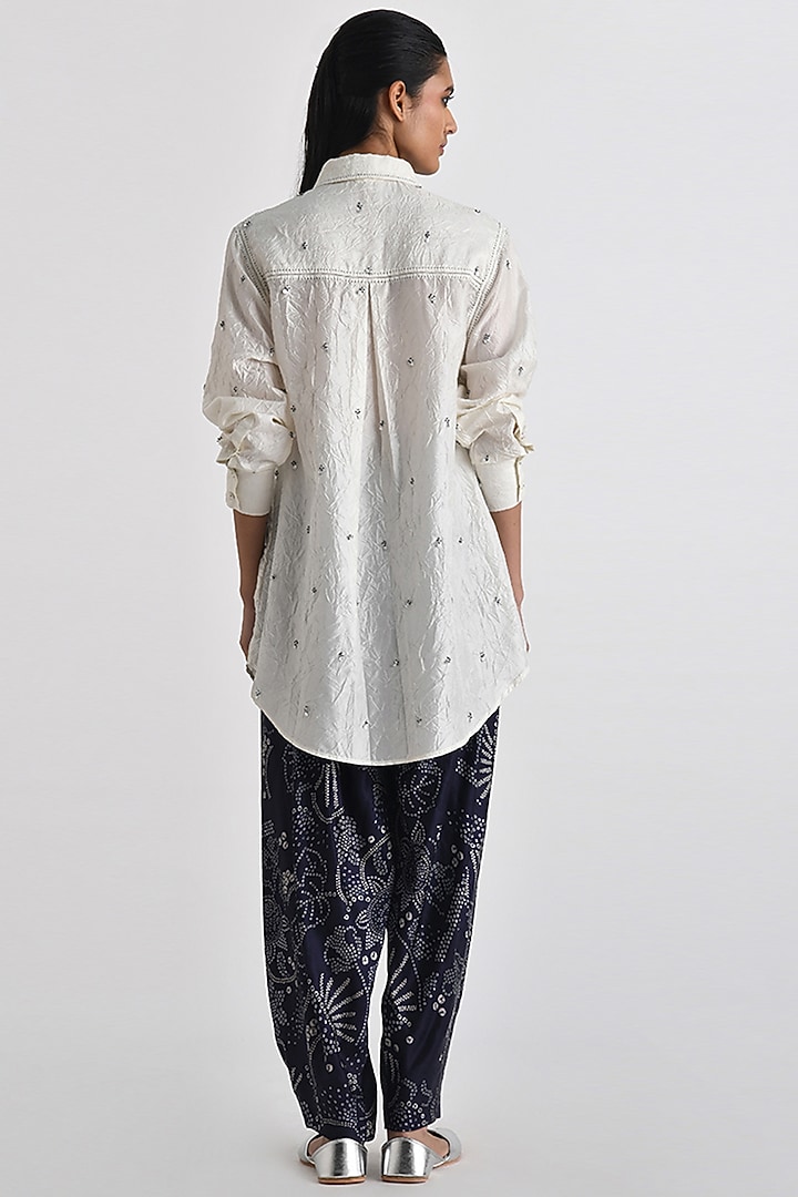 Ivory Crushed Silk Sequins Embroidered Oversized Shirt by Payal Pratap at Pernia's Pop Up Shop