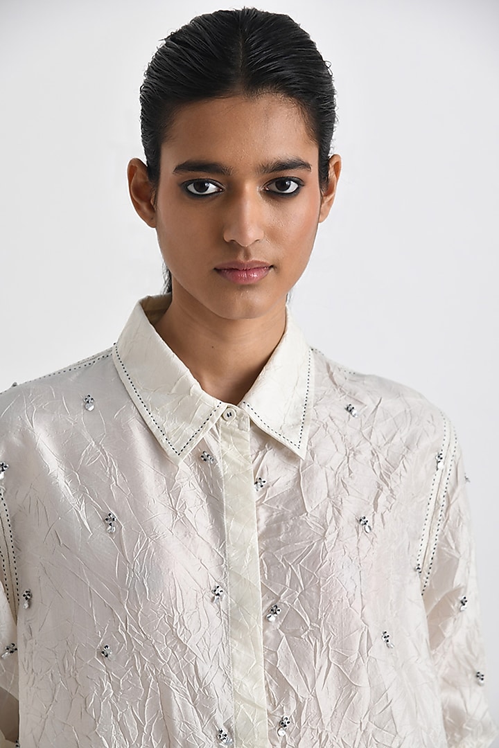 Ivory Crushed Silk Sequins Embroidered Oversized Shirt by Payal Pratap at Pernia's Pop Up Shop