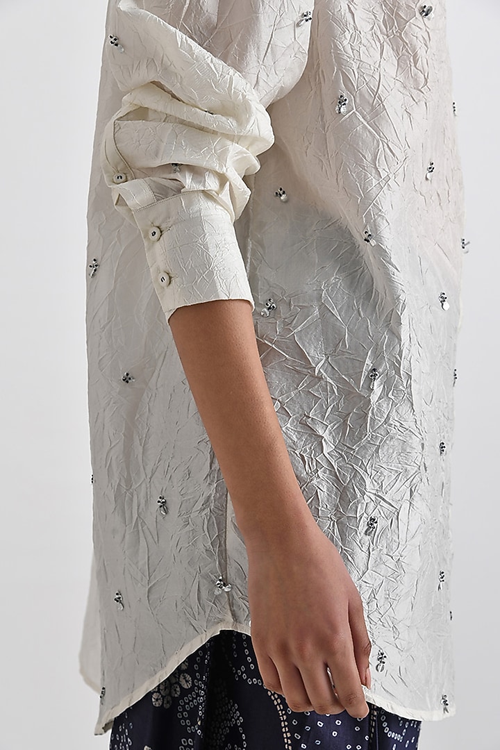 Ivory Crushed Silk Sequins Embroidered Oversized Shirt by Payal Pratap at Pernia's Pop Up Shop