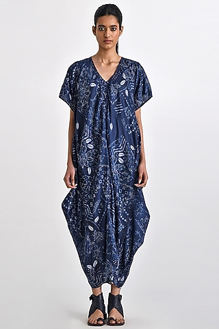 Navy Silk Bandhani Printed Paneled Kaftan by Payal Pratap