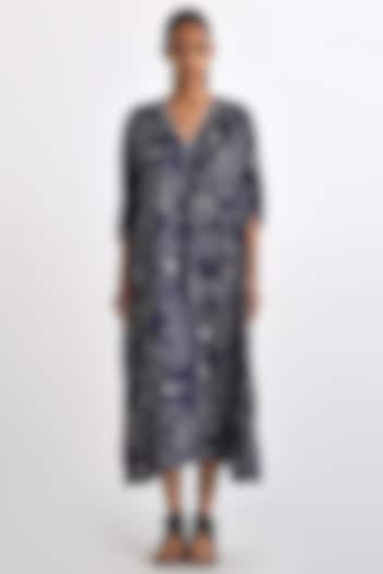 Navy Linen Satin Printed & Embroidered Kaftan by Payal Pratap at Pernia's Pop Up Shop